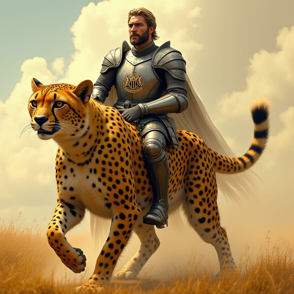 Regal Knight Rides Majestic Cheetah in Medieval Fantasy Scen...