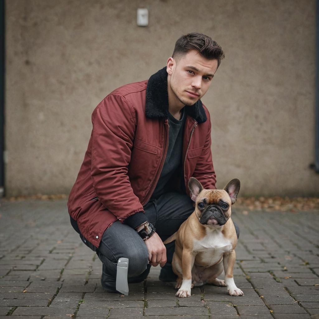 Slavic Gentleman in Red Bomber Jacket, Holding a French Bull...