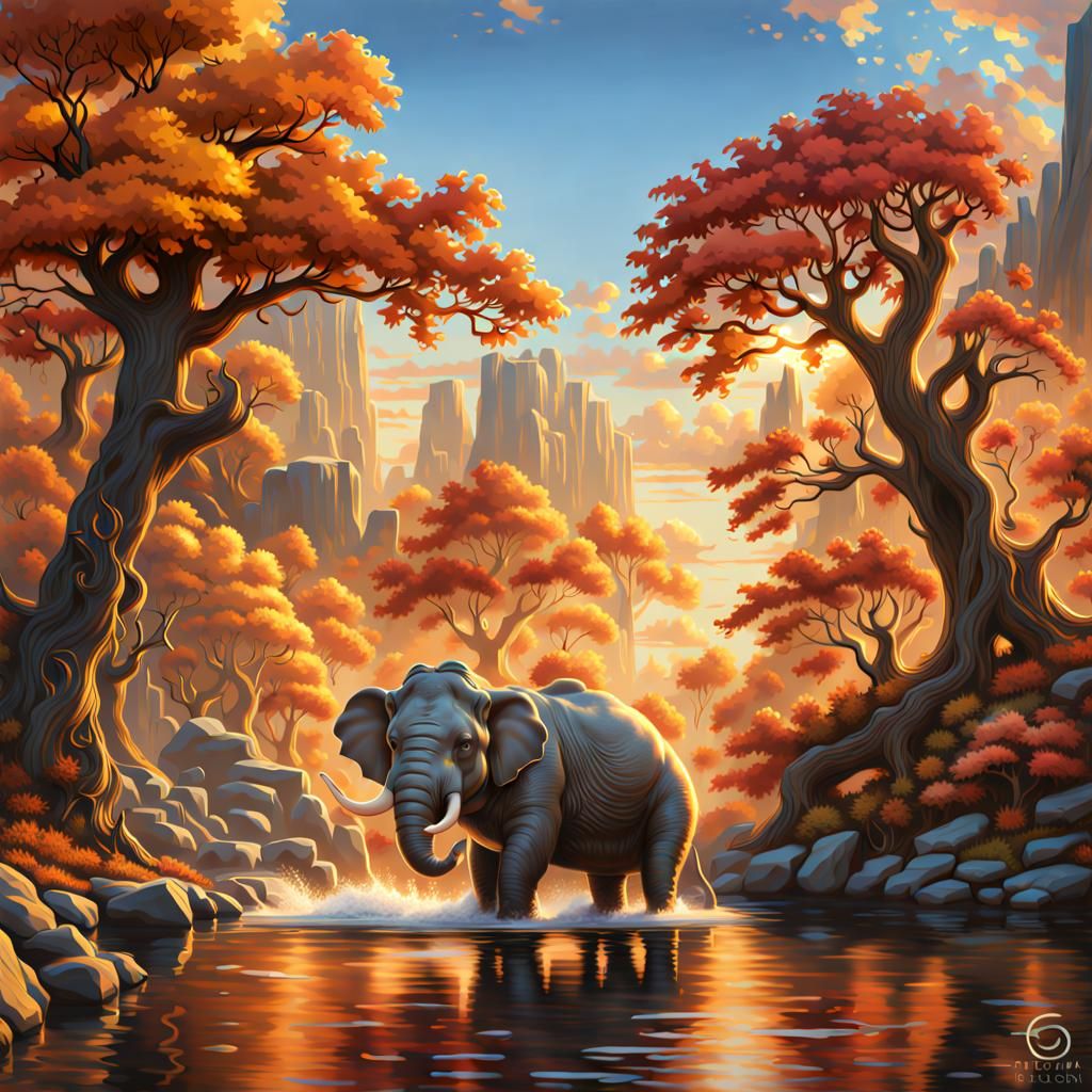 Platybelodon Bathing: Detailed Matte Painting in Autumn