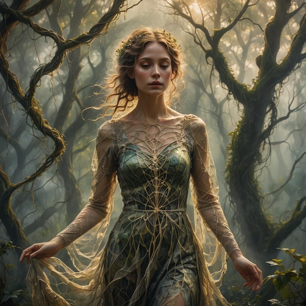 Cobweb Dress in Mystical Forest, Oil Painting