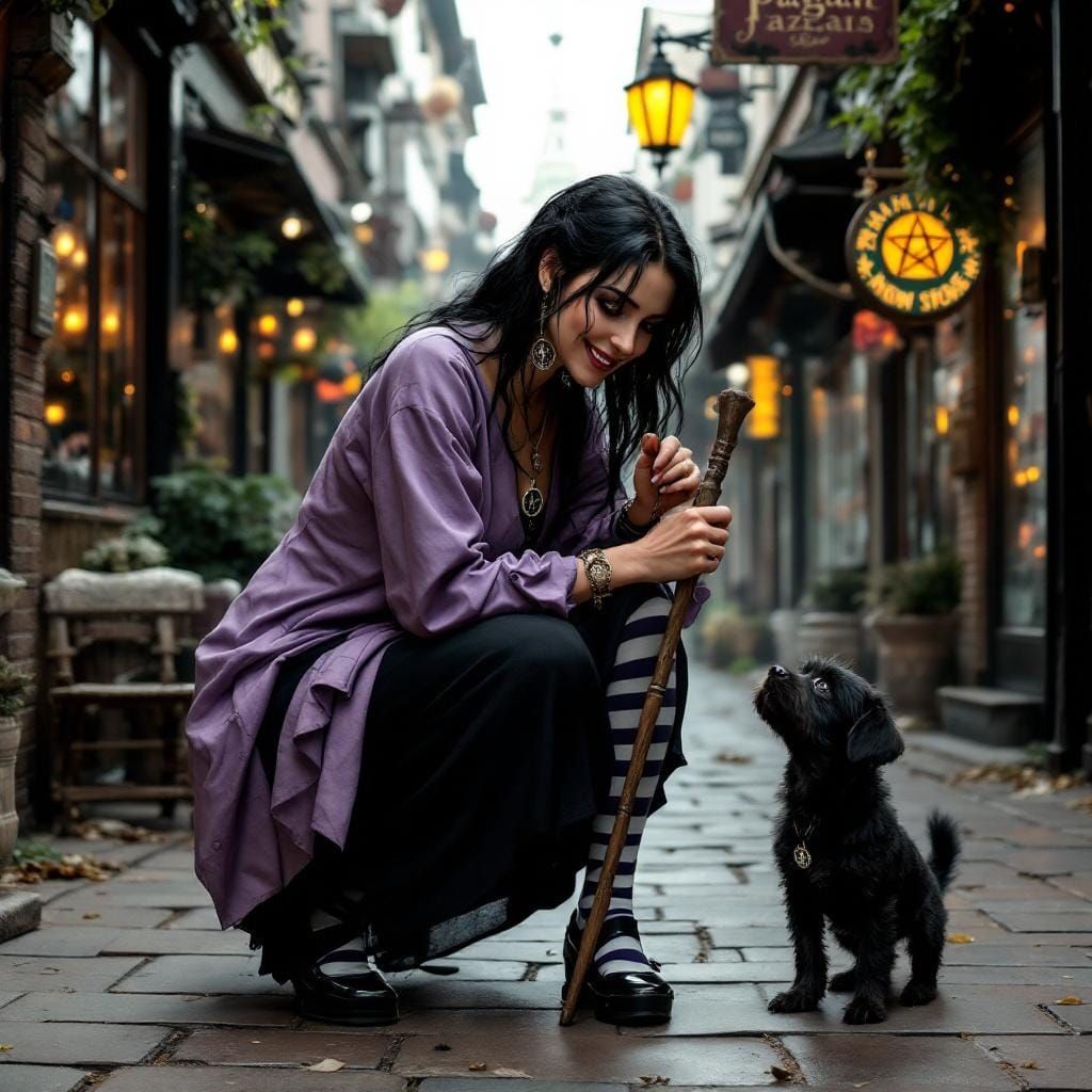 Woman Pets Dog on Pagan Street, Hyperdetailed Art
