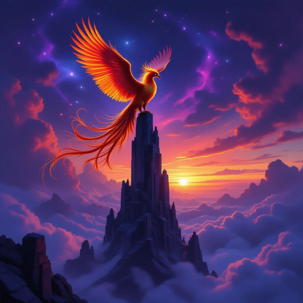 Majestic Phoenix Atop Obsidian Tower in Cosmic Nebula