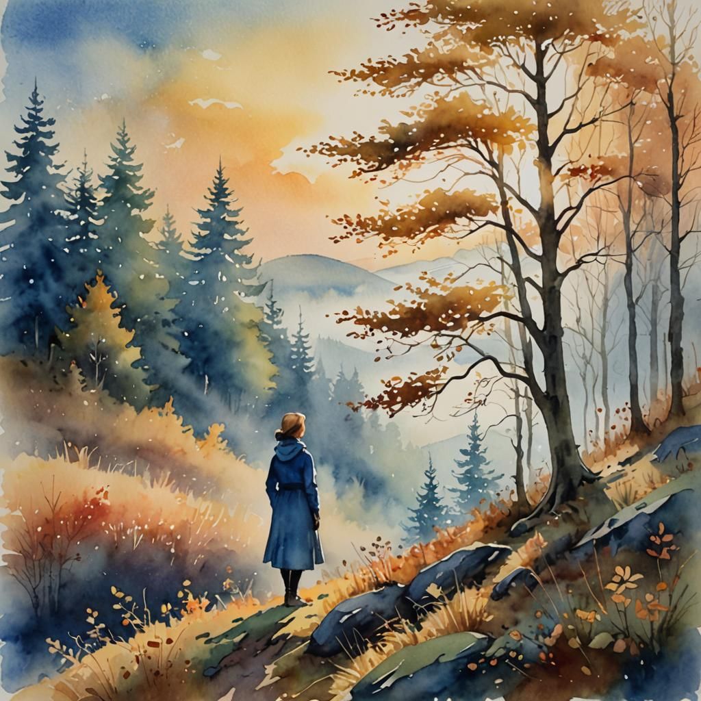 Autumn Forest Landscape in Watercolor Style