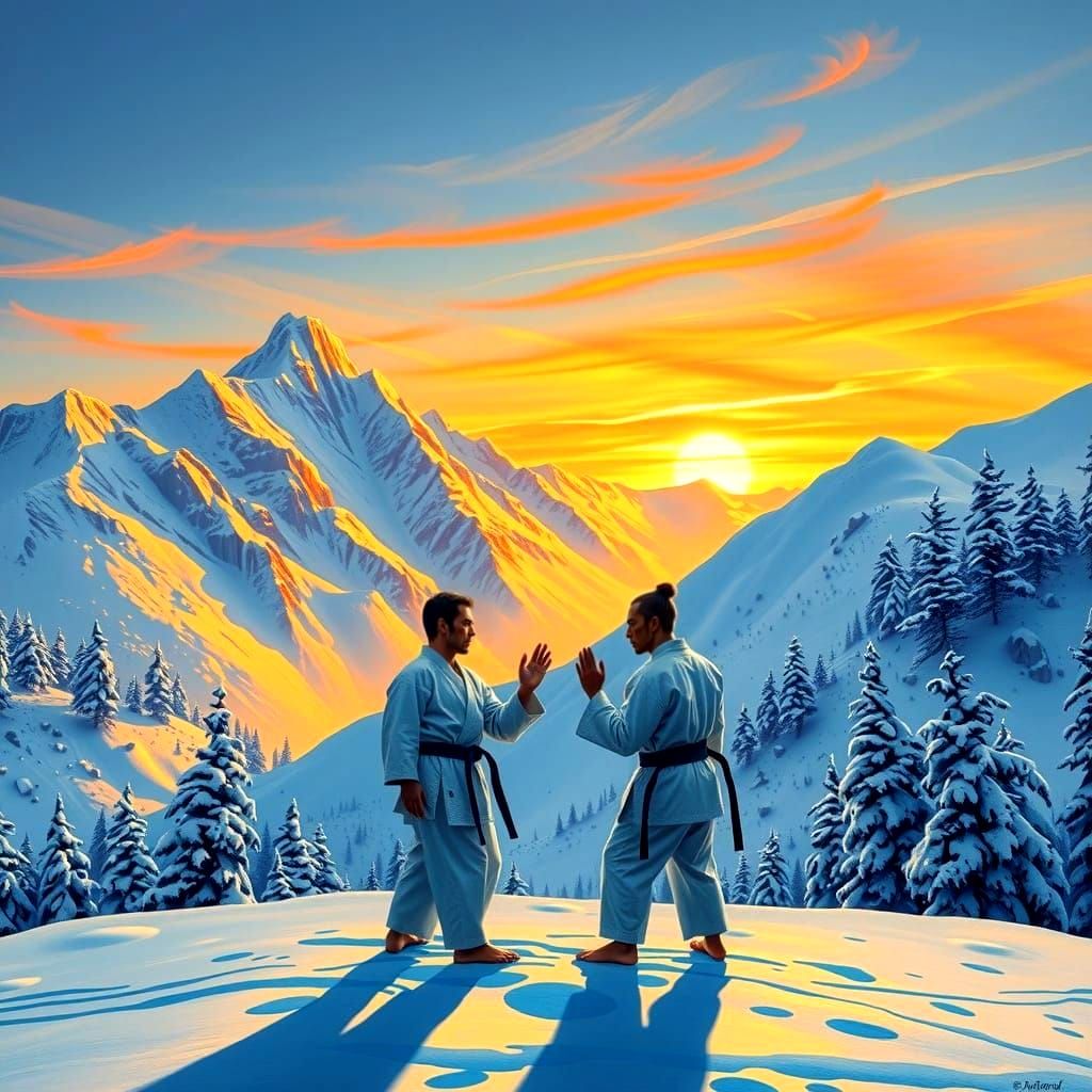 Surreal Karate Frenzy in Vibrant Split-Complementary Colors