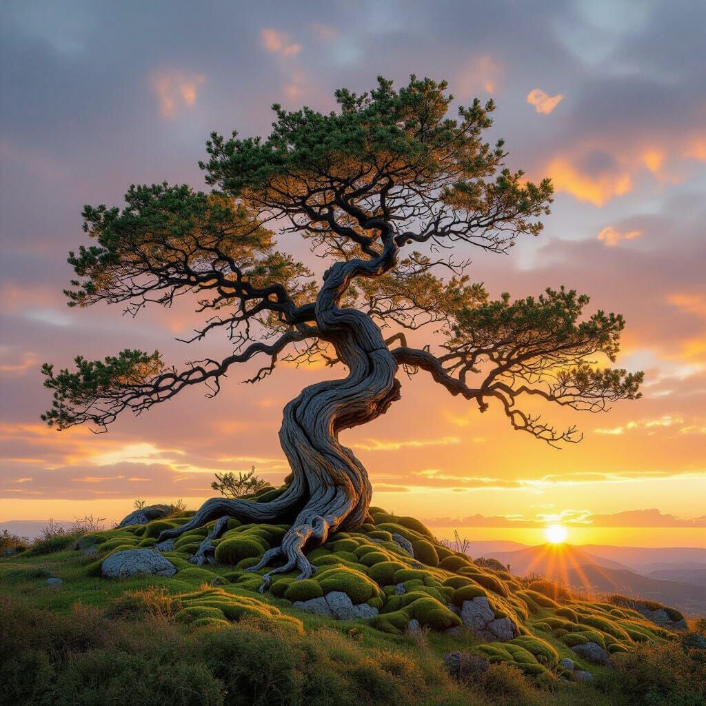 Ancient Tree at Golden Sunset on Windswept Hill