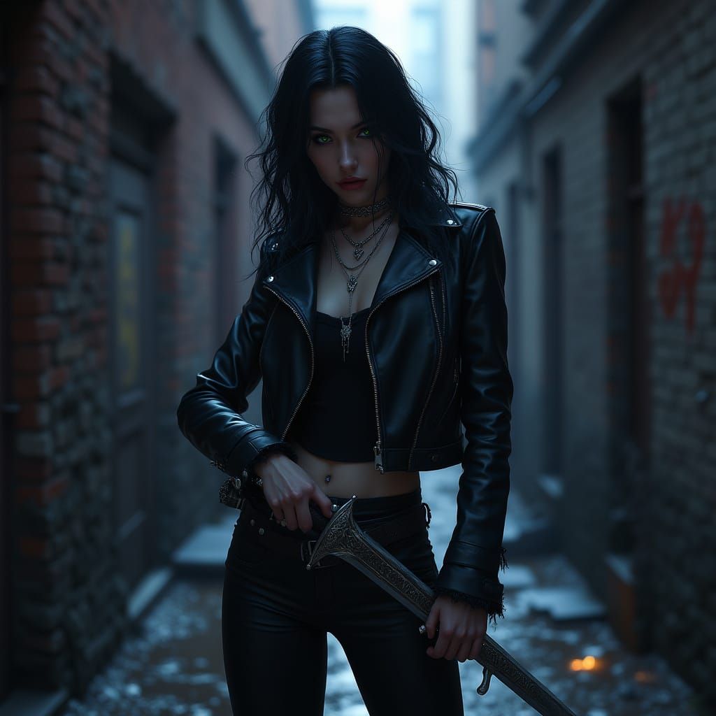 Gothic Vampire Hunter in Dark Alleyway