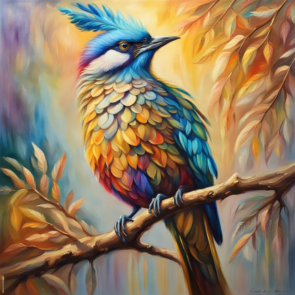 Majestic Bird with Rainbow Feathers, Detailed Oil Painting