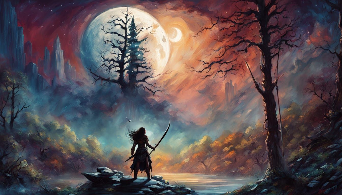 Barbarian Woman in Enchanted Forest, Bisley/Frazetta Style