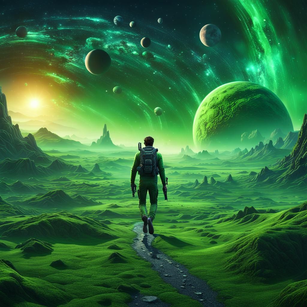 Man Walks Alien Planet Under Starry Skies