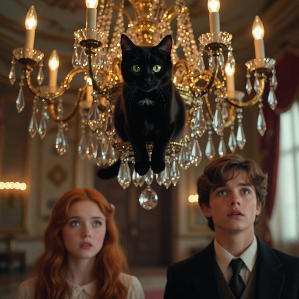 Black Cat and Leopard on Chandelier, Cinematic Film Still