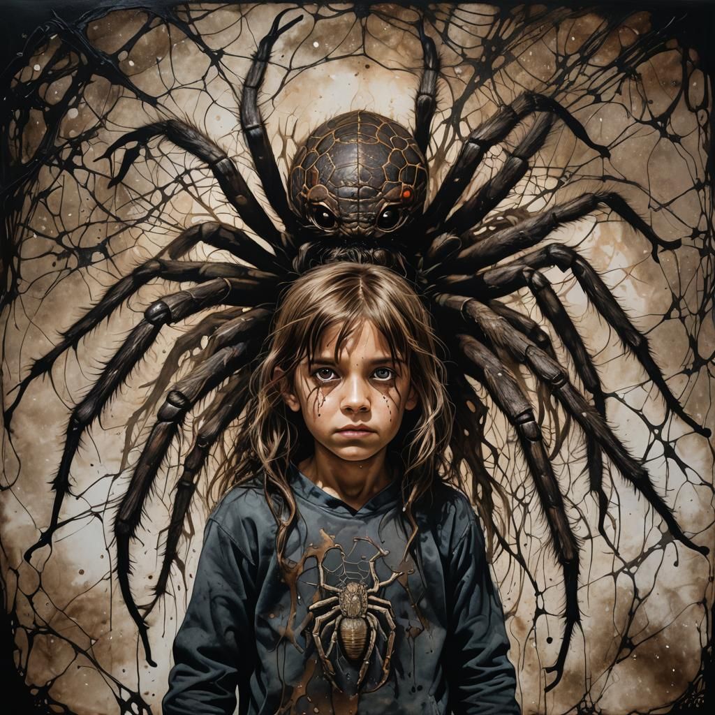 Giant Tarantula and Child in Web, Dark Fantasy Art
