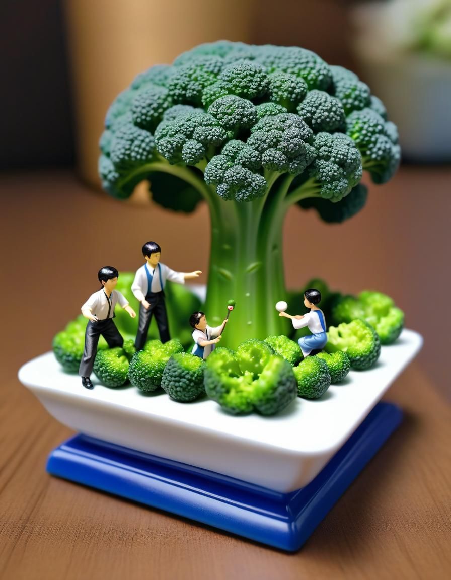 Children's Playtime on Broccoli Floret, Miniature Style