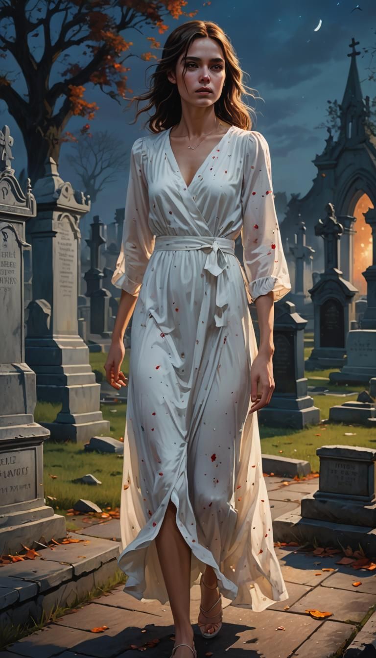 Woman in White Dress Walks Through Graveyard