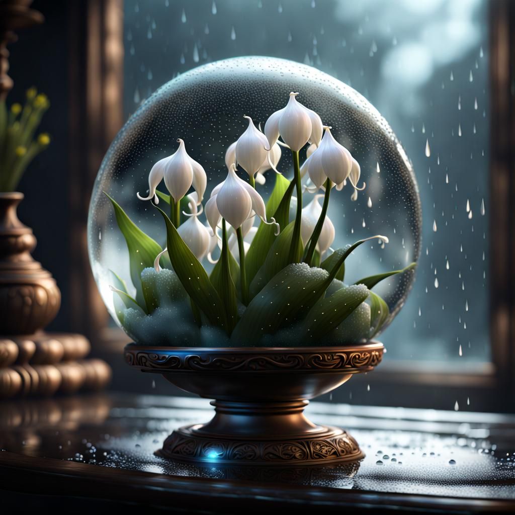 Glass Globe and Flowers in Cosmic Rain