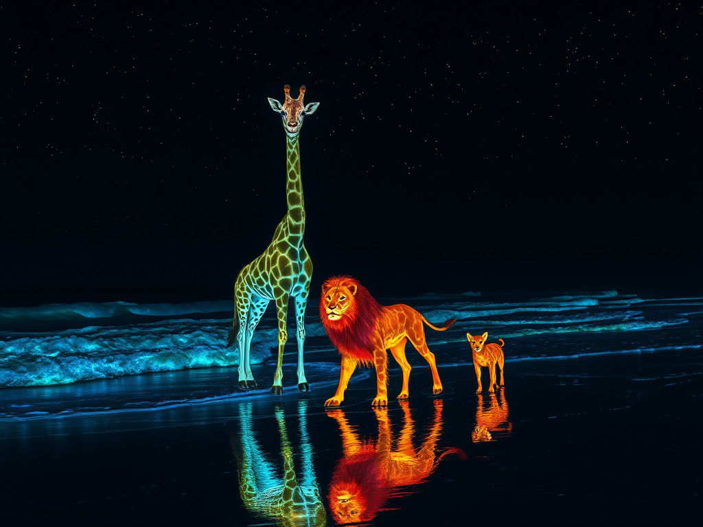 Glowing Animals on Bioluminescent Beach at Night