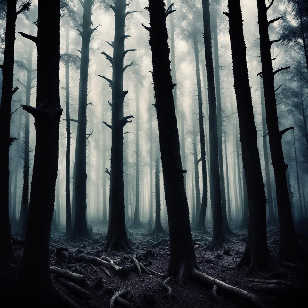 Mystic Forest: Dark Silhouettes in Polaroid Style
