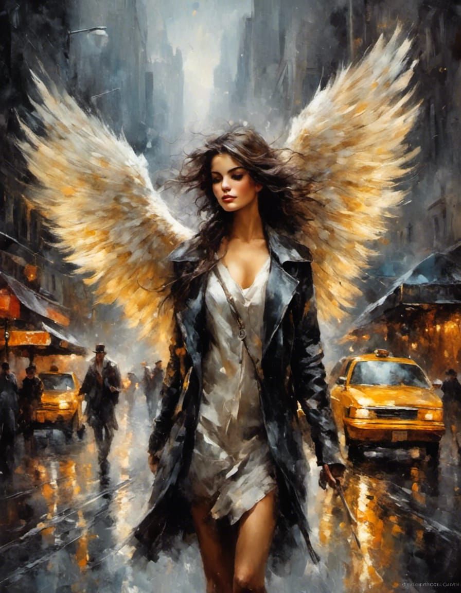 An angel is walking through New York