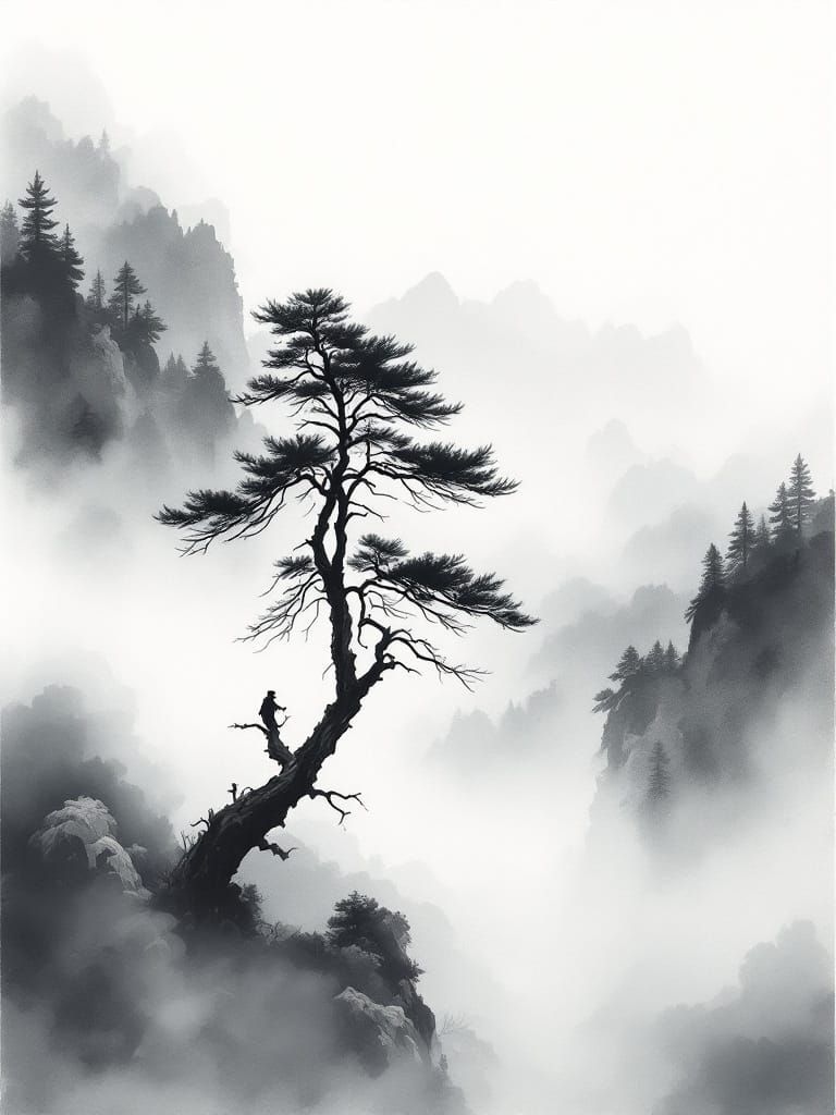 Elegant Chinese Mountain Pine in Simple Watercolor