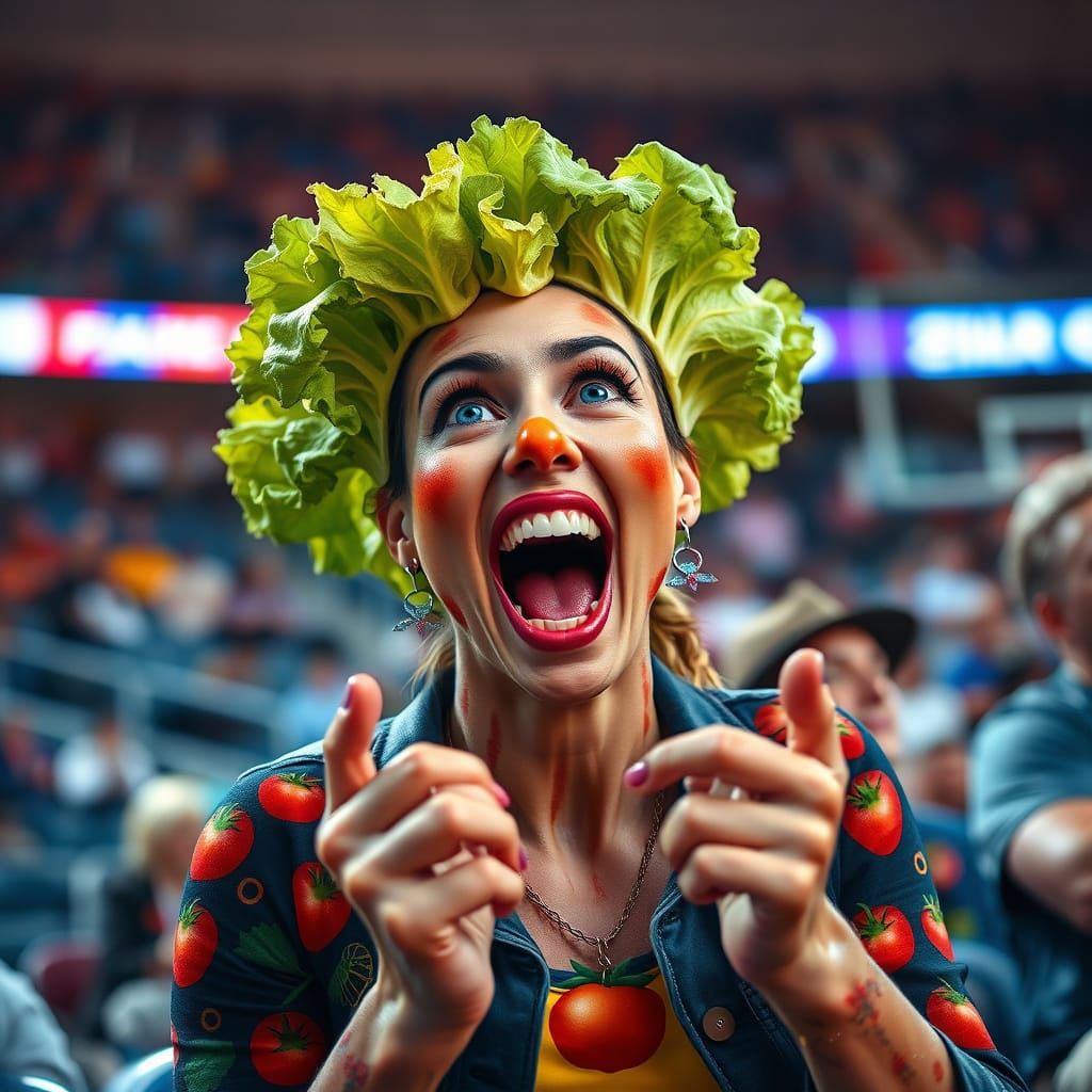 Vibrant Woman with Whimsical Food-Inspired Features Cheering...