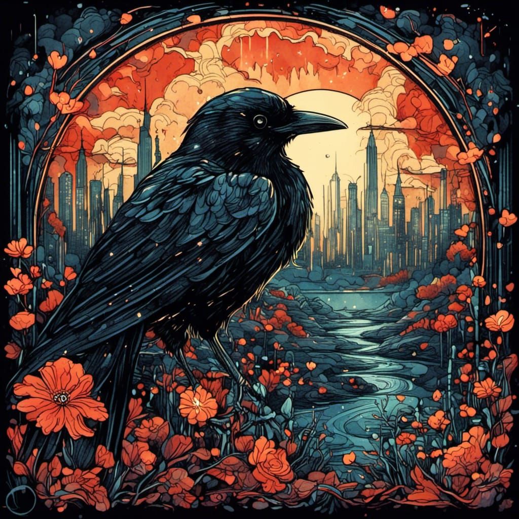 Gothic Crow with Zentangle Flowers in Watercolor