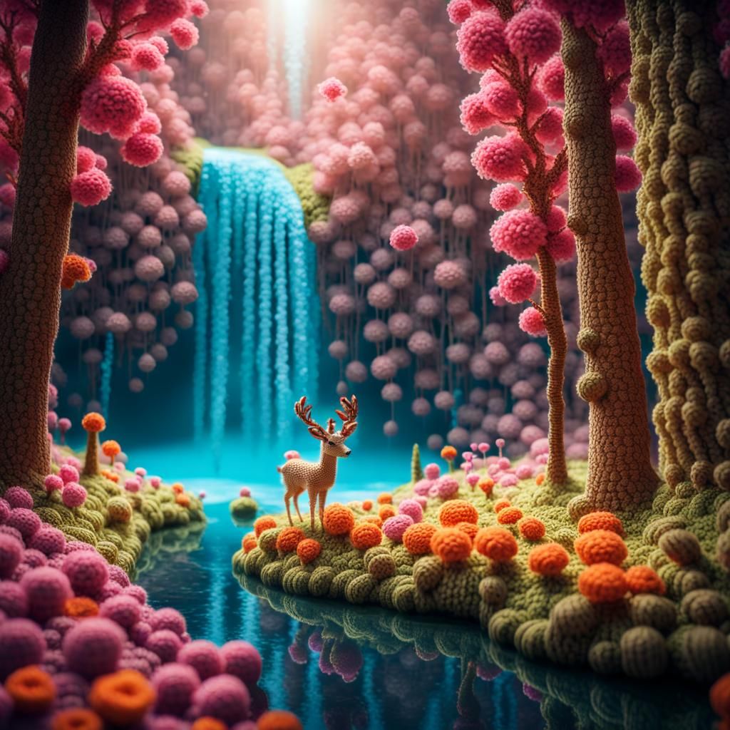 Surreal Crochet Forest with Yarn Trees and Waterfall