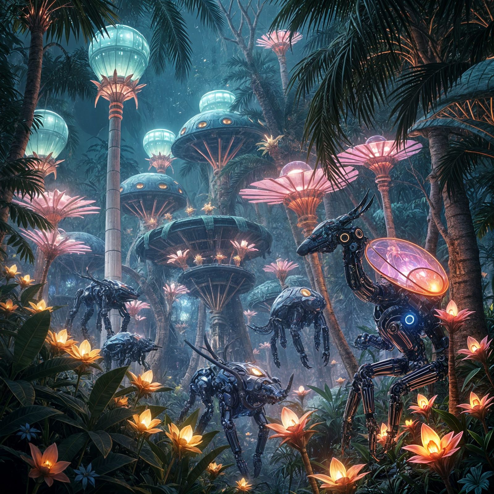 Cybernetic Jungle with Robotic Animals and Glowing Flora