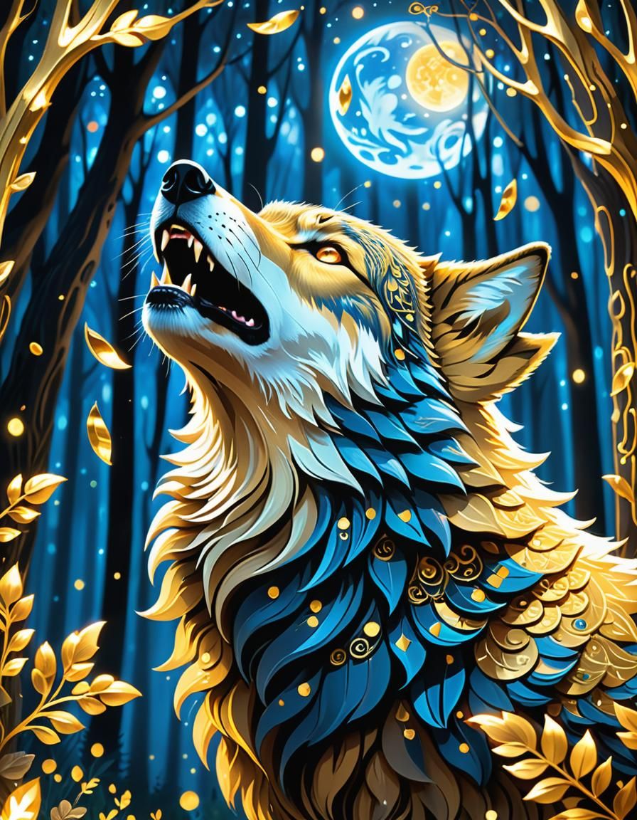 Golden Wolf Howling in Mystical Forest as Oil Painting
