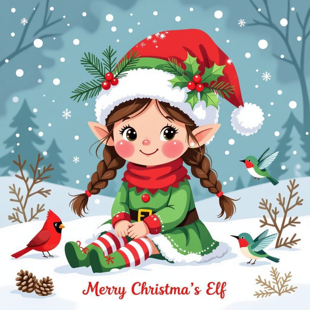 Christmas Elf Girl in Snowy Wonderland