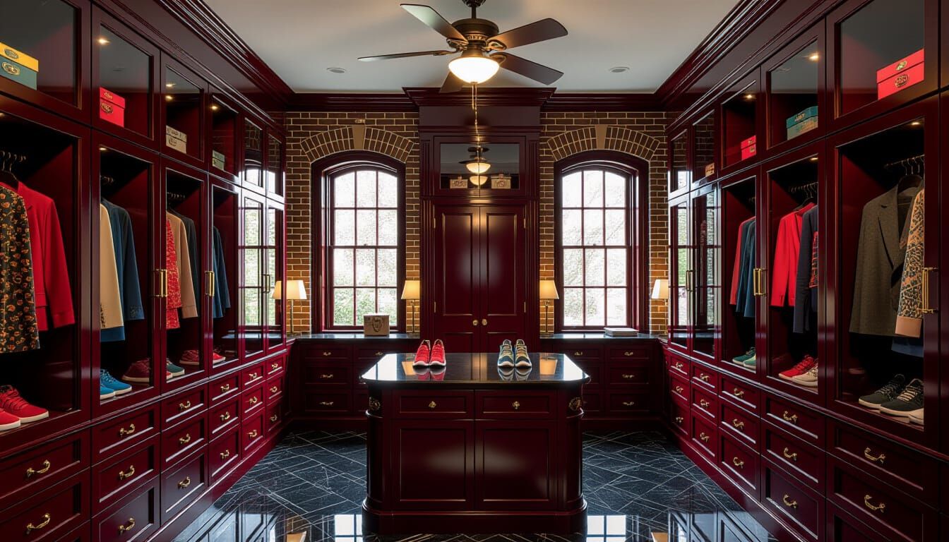 Victorian Walk-In Closet in Deep Red and Brick
