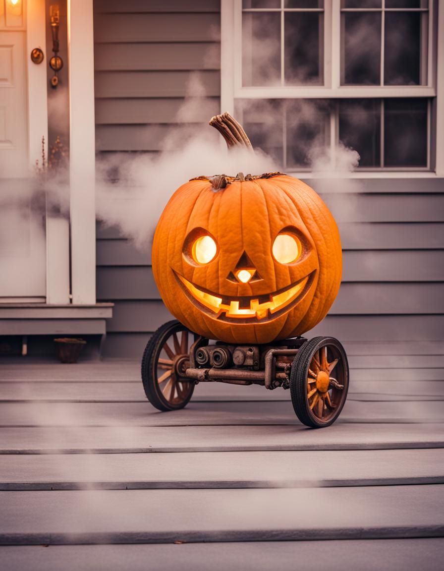 Steampunk Jack-o-Lantern on Foggy Porch