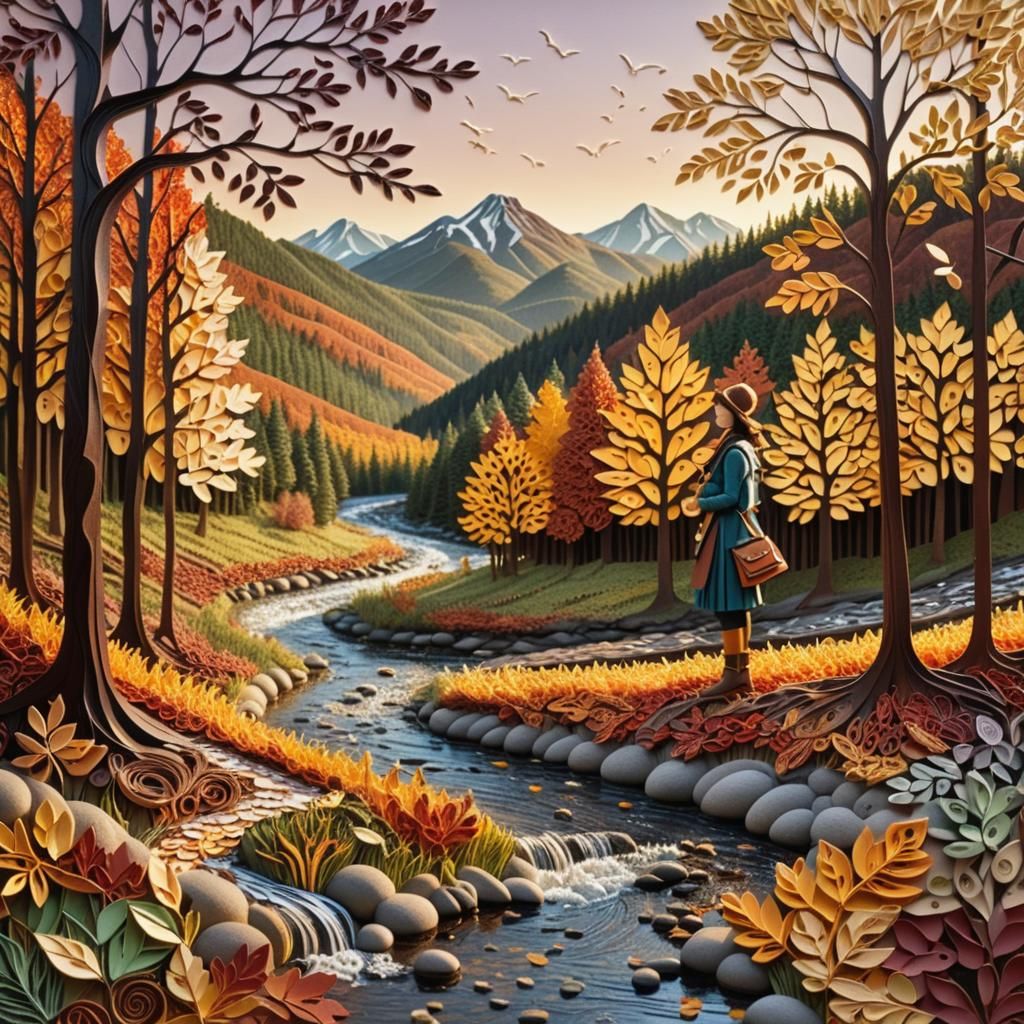 Hyperrealistic Quilling Collage in Autumn Woods