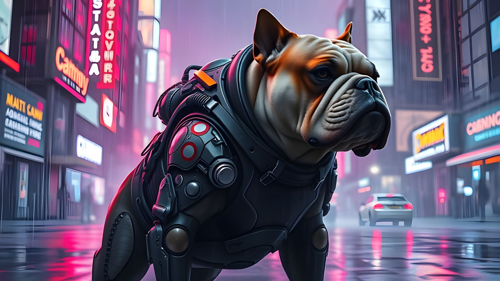 Cyberpunk Bulldog in Neon Cityscape
