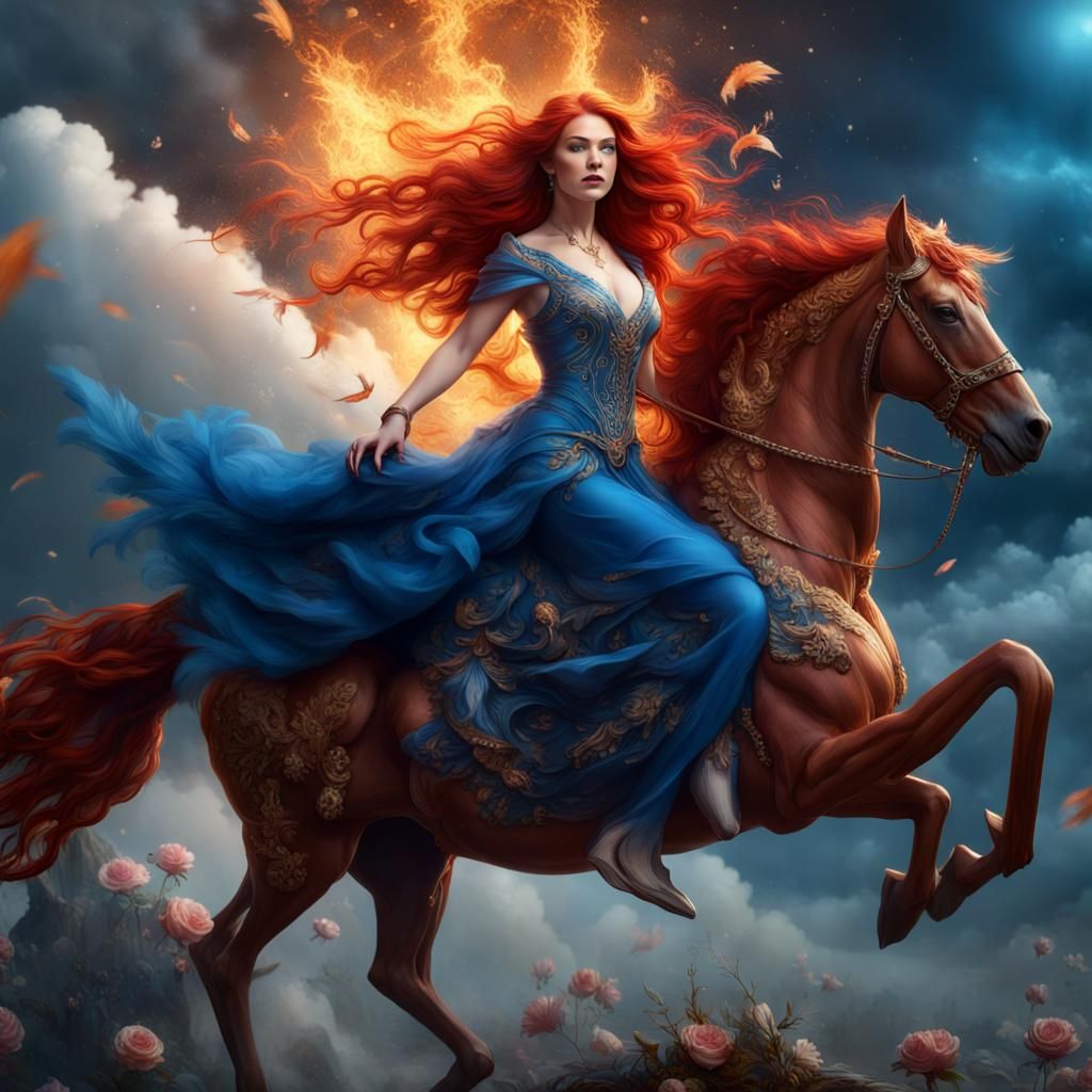 Mythical Ride: Woman on Creature in Fire and Flowers