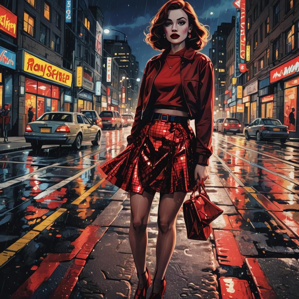 Pop Art Woman in Red Skirt on City Street