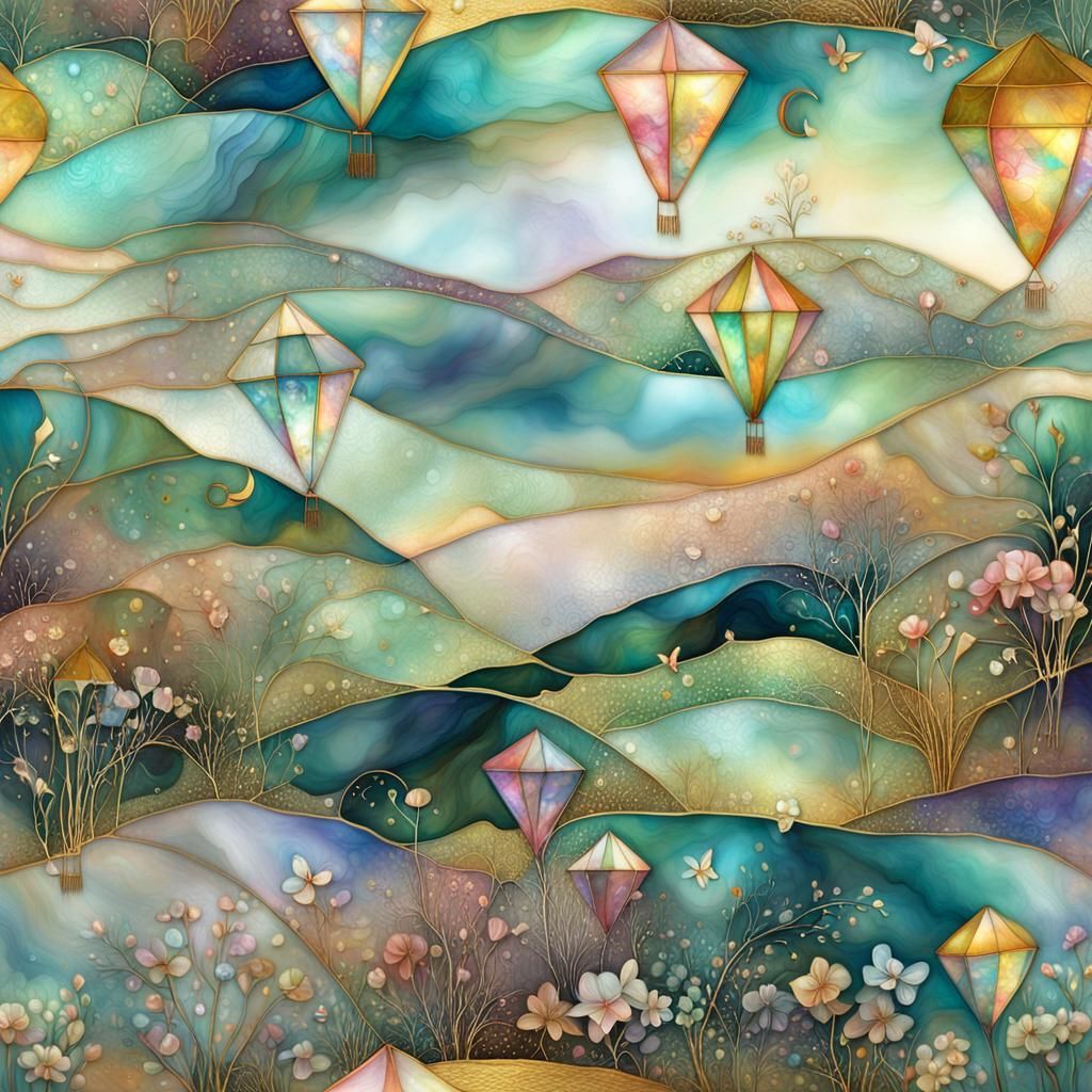 Kites Fly Through Iridescent Whimsical Landscape