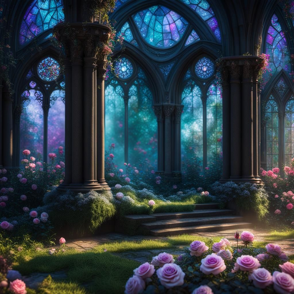 Beautiful gothic garden with beautiful roses& magical vibes& crystal vibes& shimmery vibes& ethereal vibes& hyperdetaile...