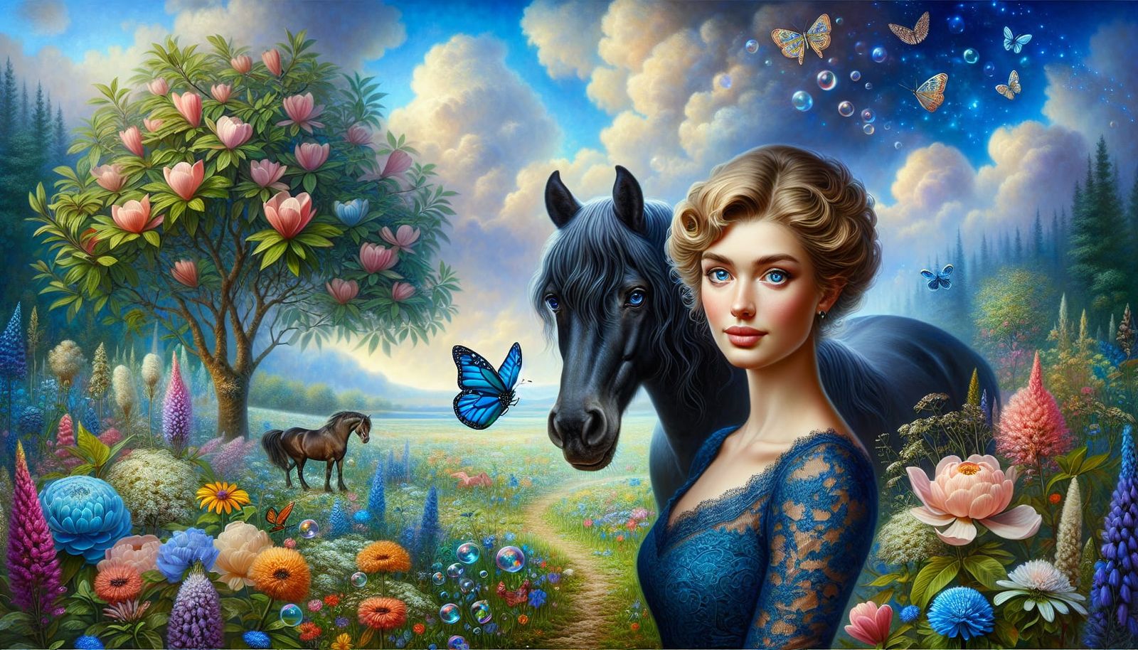 Woman and Black Horse in Romantic Oil Painting