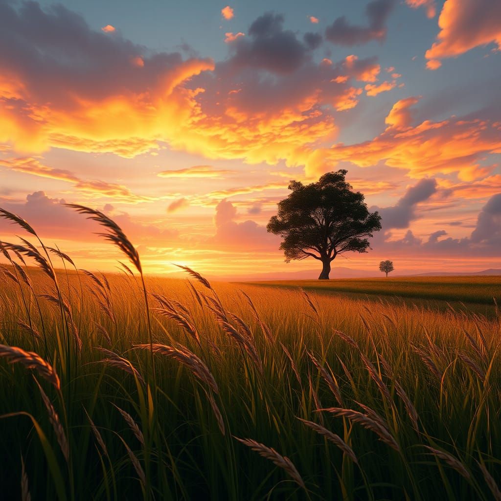 Vibrant Sunset Over Serene Countryside Landscape
