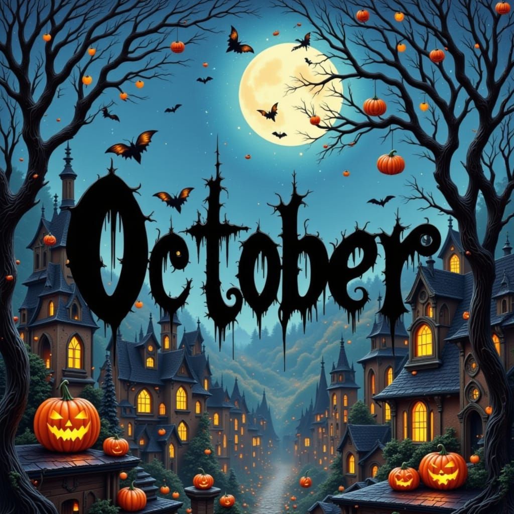 Whimsical Halloween Town Under Moonlight in Painterly Style