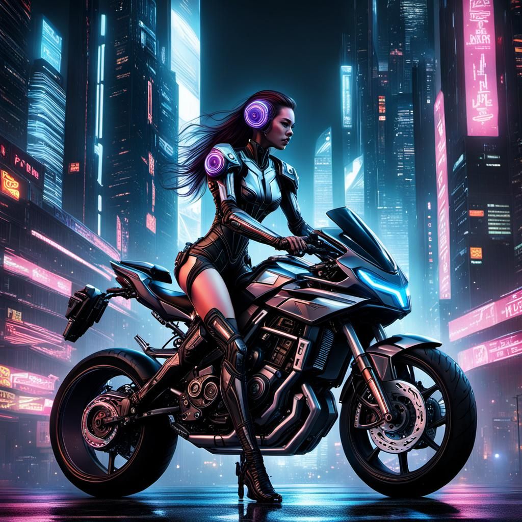 Cyborg Woman on Motorcycle in Cyberpunk City
