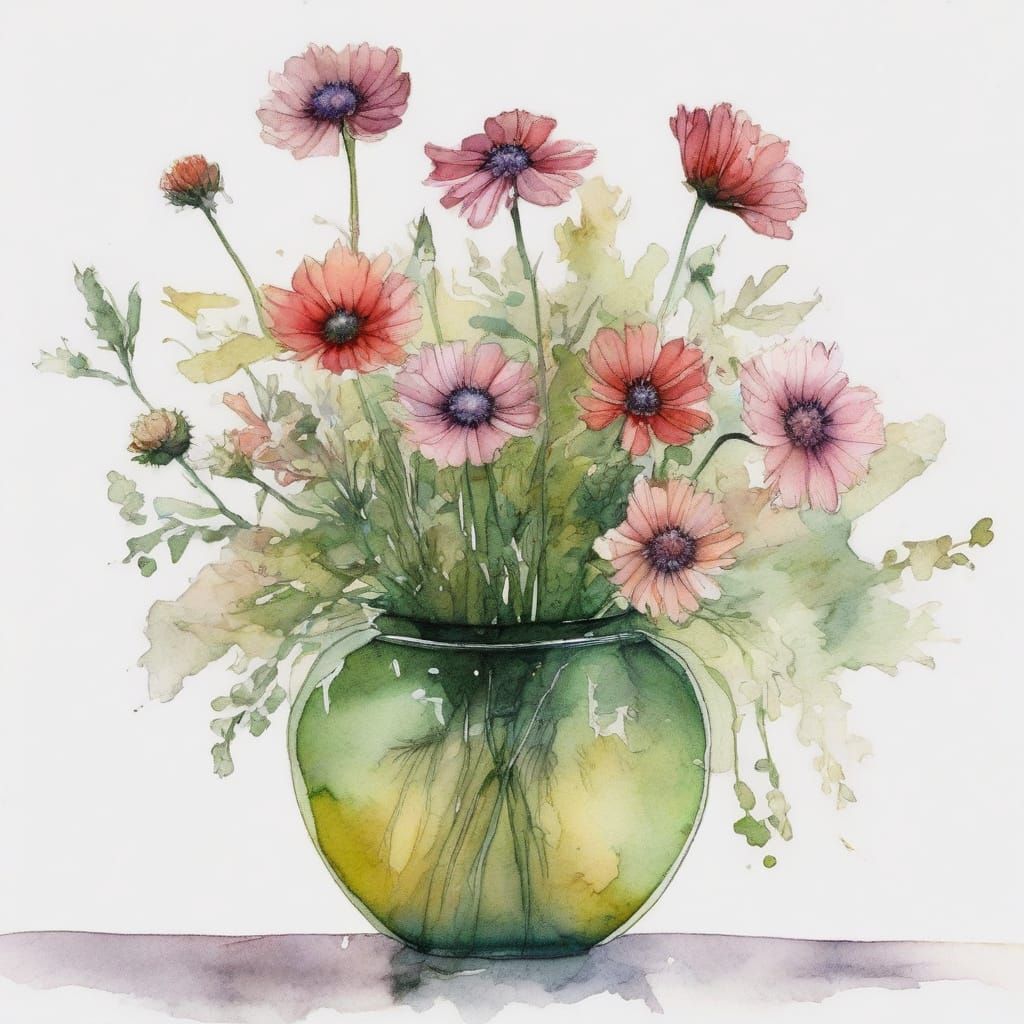 Watercolor Wildflowers in a Serene Farmhouse Setting