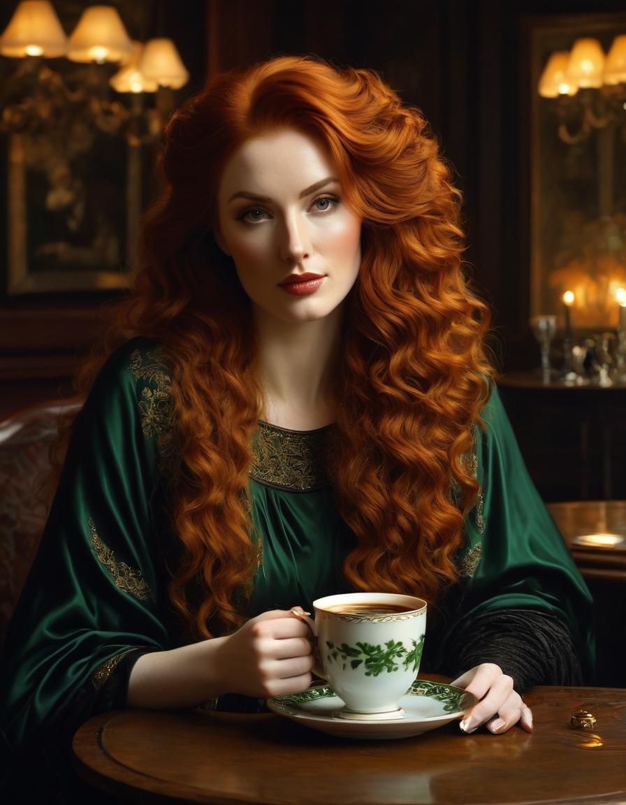 Redhead Woman Enjoying Irish Coffee as Oil Painting