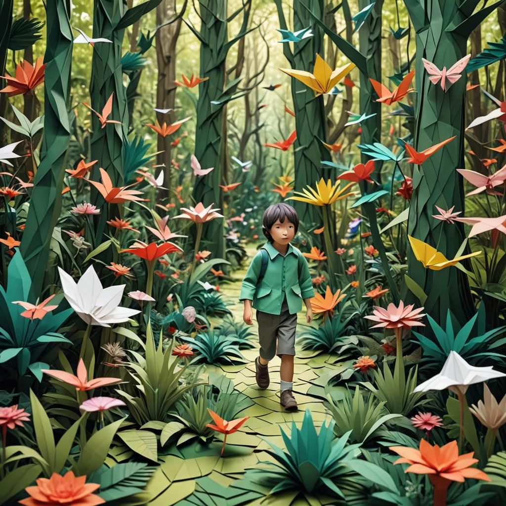 Child's Papercraft Journey Through a Giant Forest