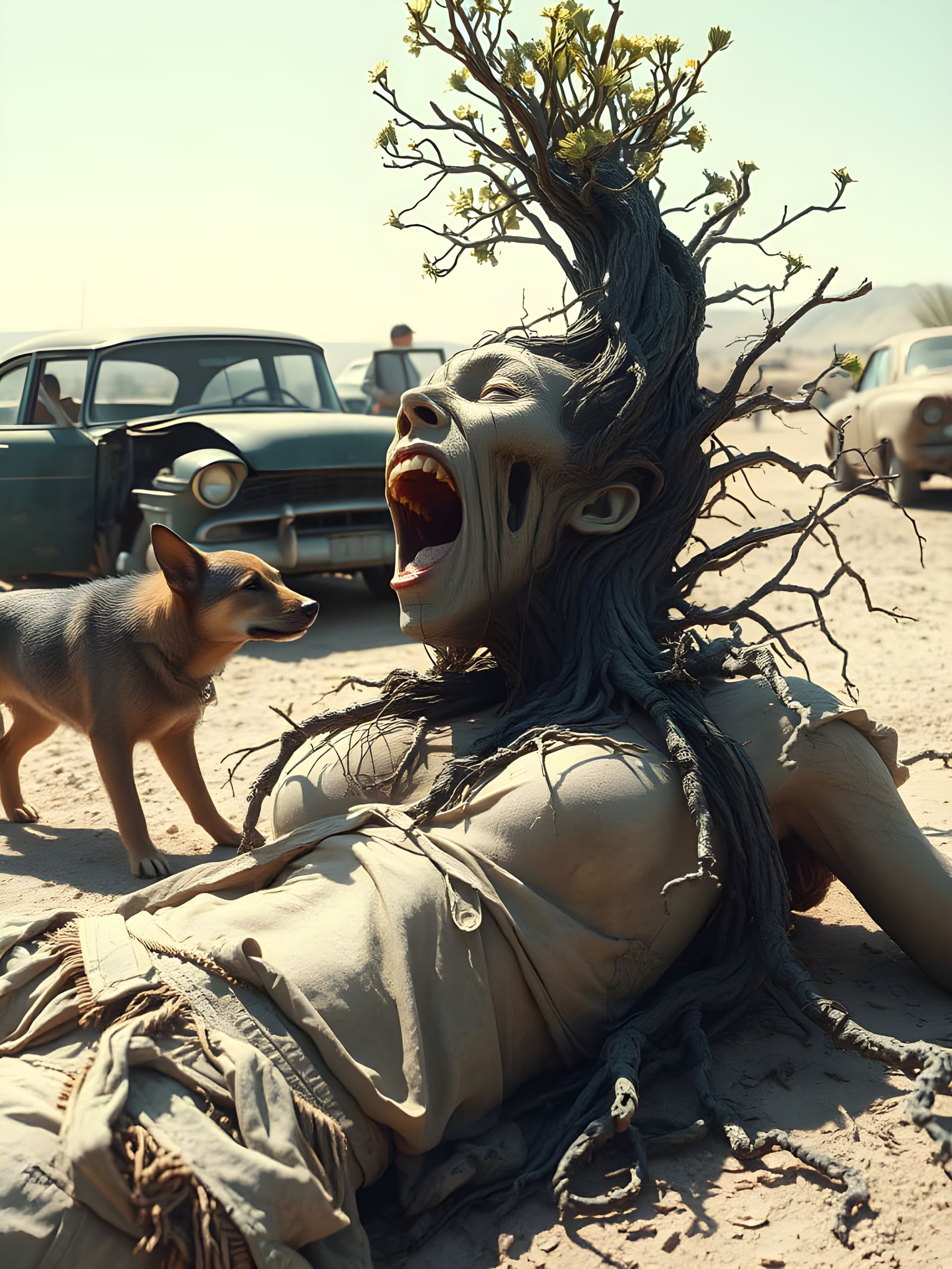 Dead Woman with Tree Roots and Junk Car