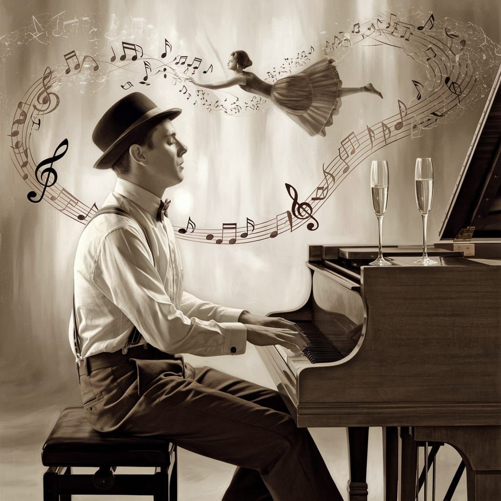 Ethereal Sepia Piano Scene with Flirtatious Musical Notes