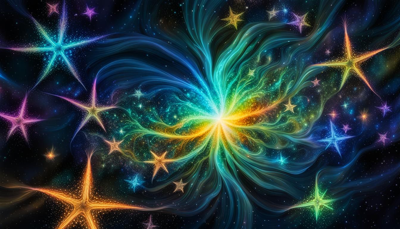 Bioluminescent Star Cluster with Mantis in Fractal Dreamscap...