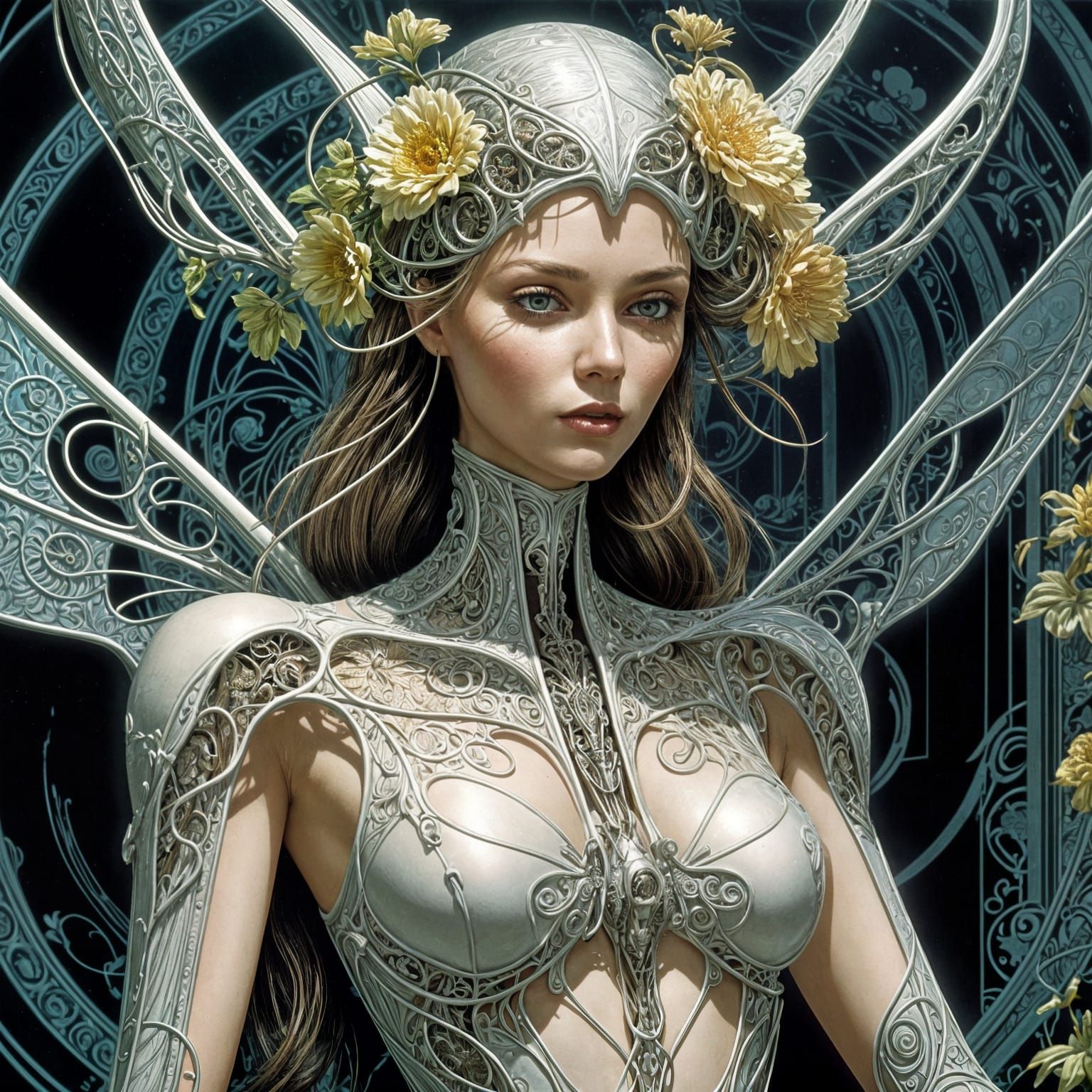 Whimsical Cyberpunk Fairy in Art Nouveau Gown Amidst Moonlit...