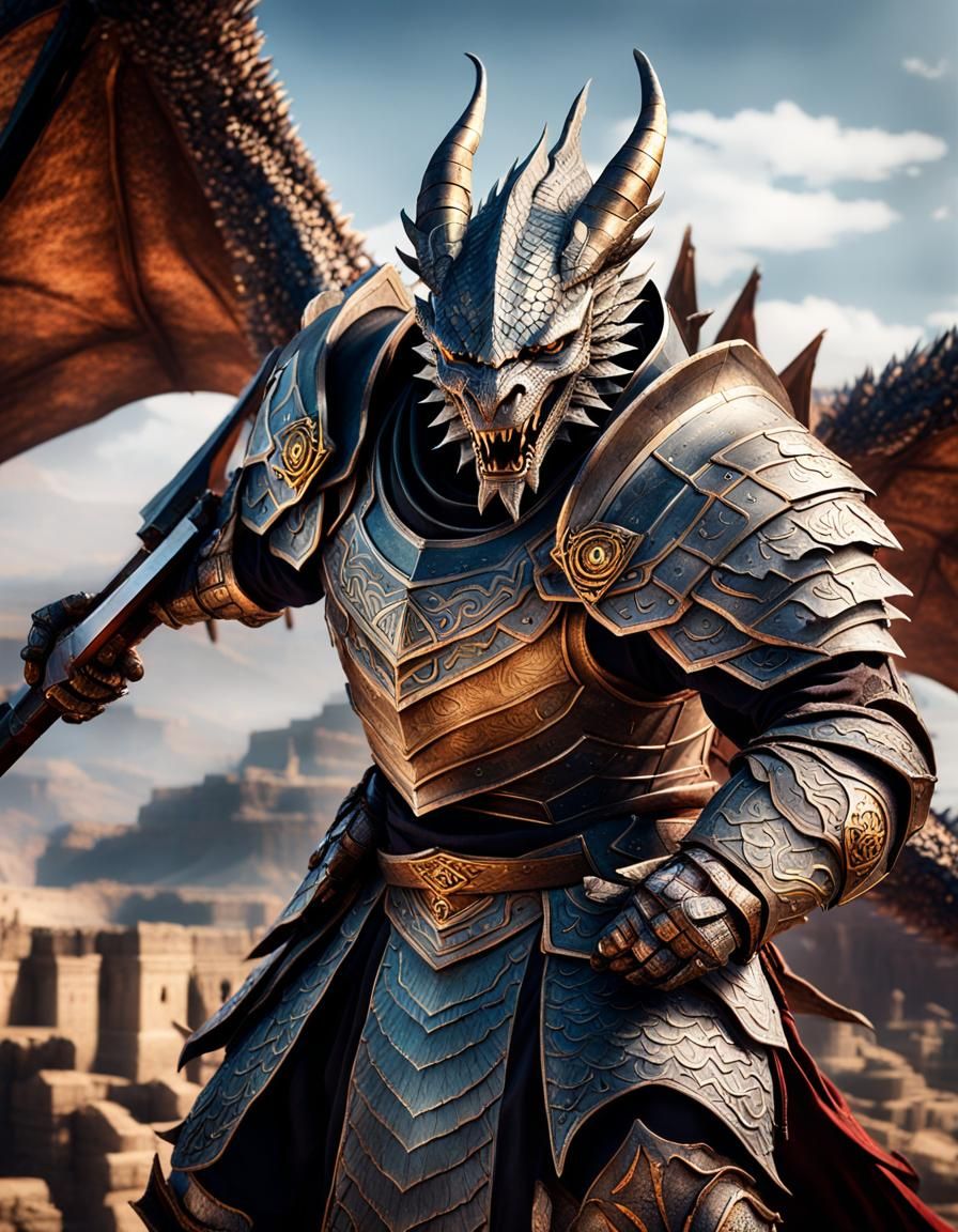 Paladin Slaying Dragon in Ancient City, Detailed Matte Paint...