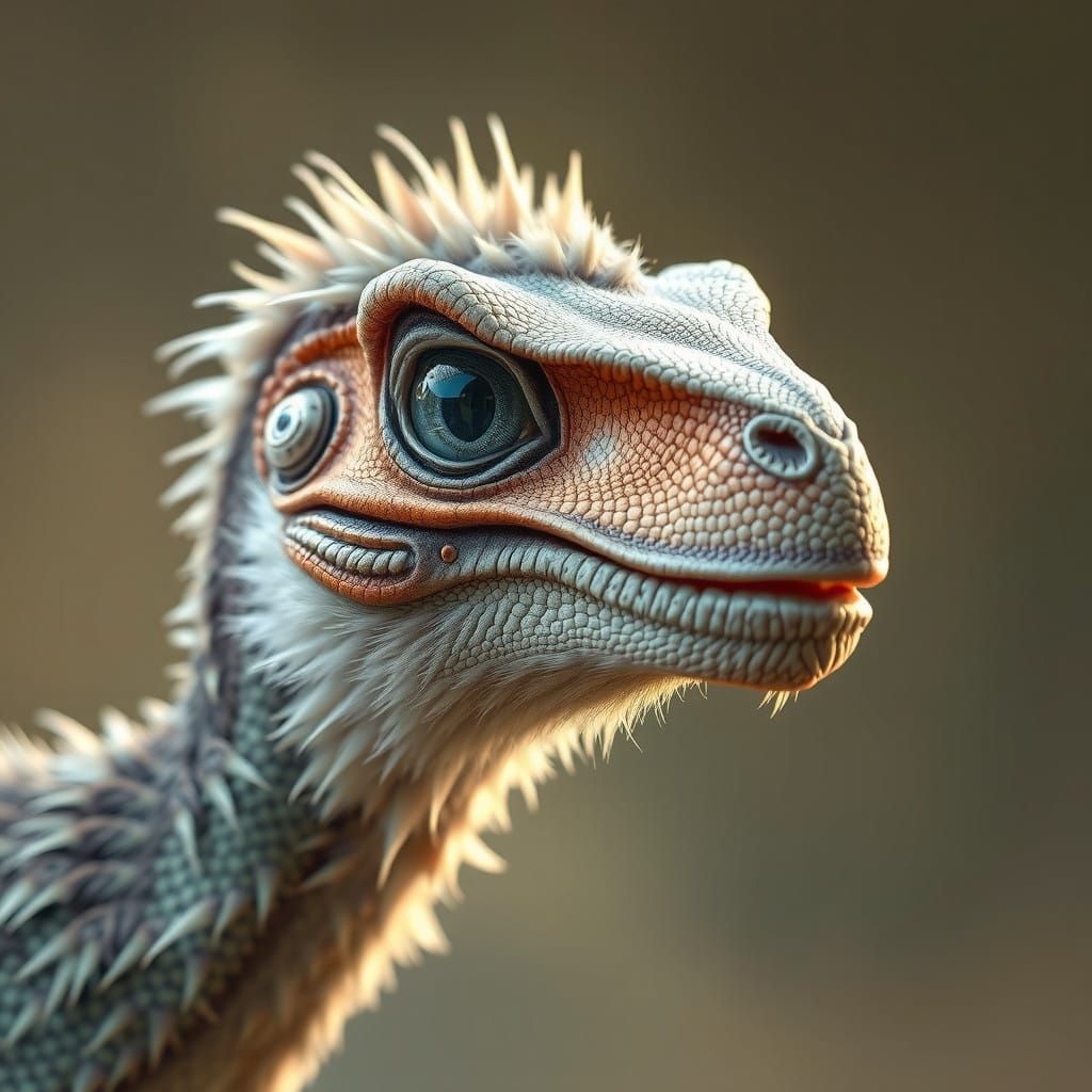 Feathery Velociraptor Close-Up in Misty Forest