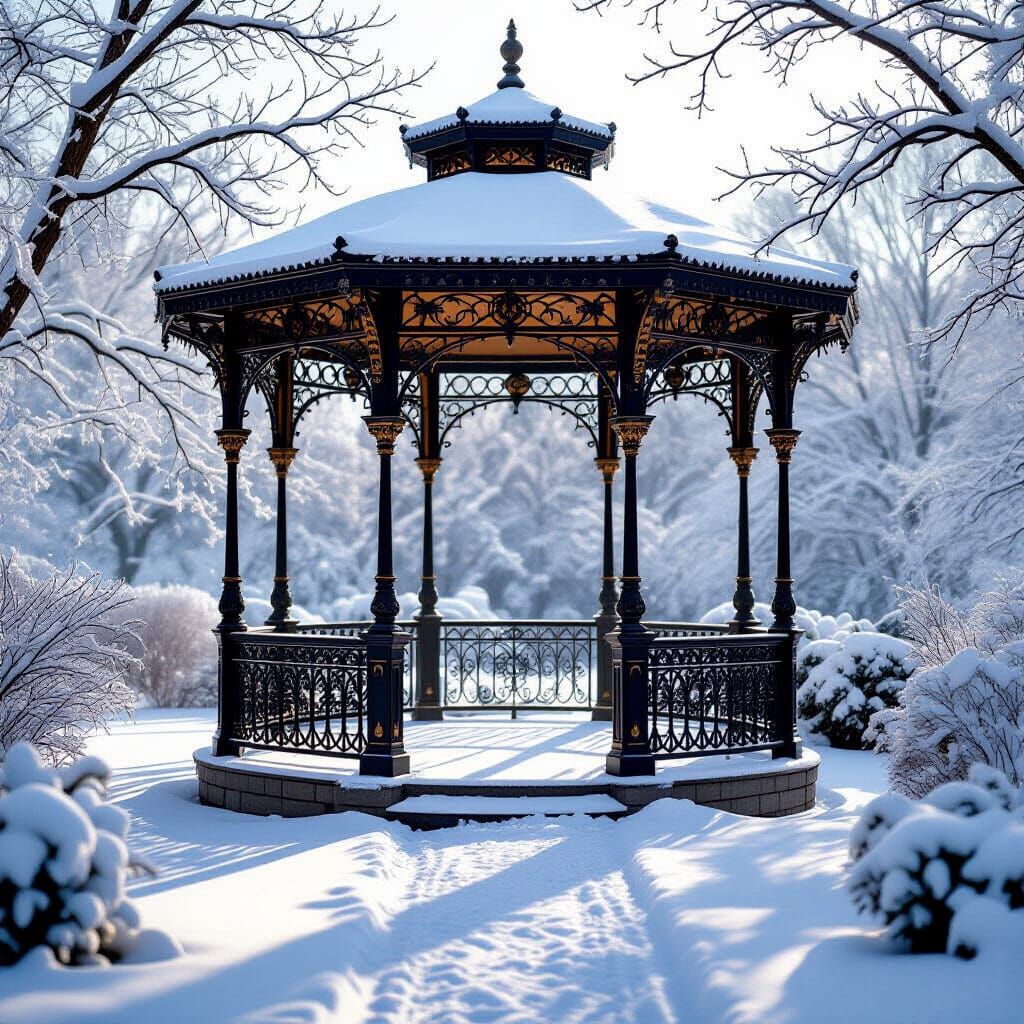 Victorian Gazebo in Snowy Winter Sunlight